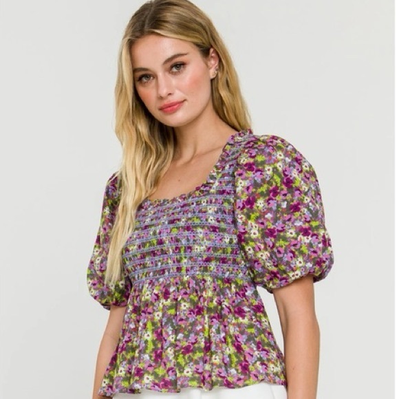 English Factory Tops - English factory Floral Smocked Top